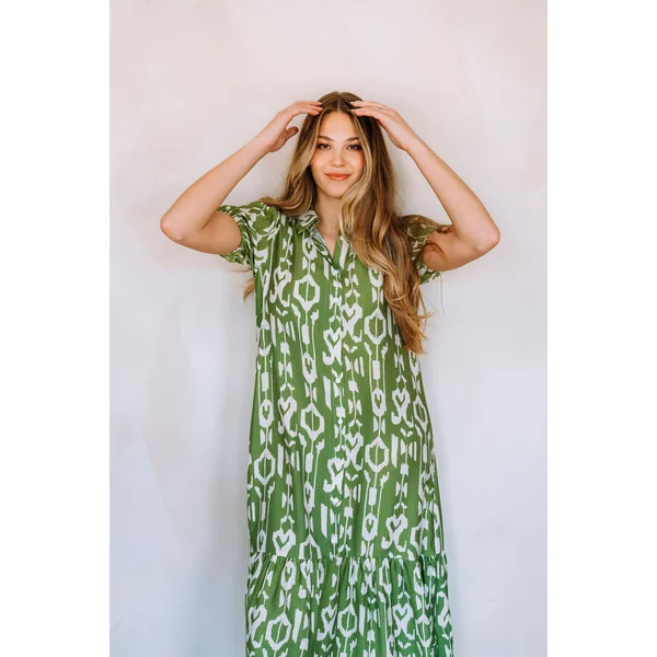 Robe SABRINA - motif géométrique abstrait - vert printanier