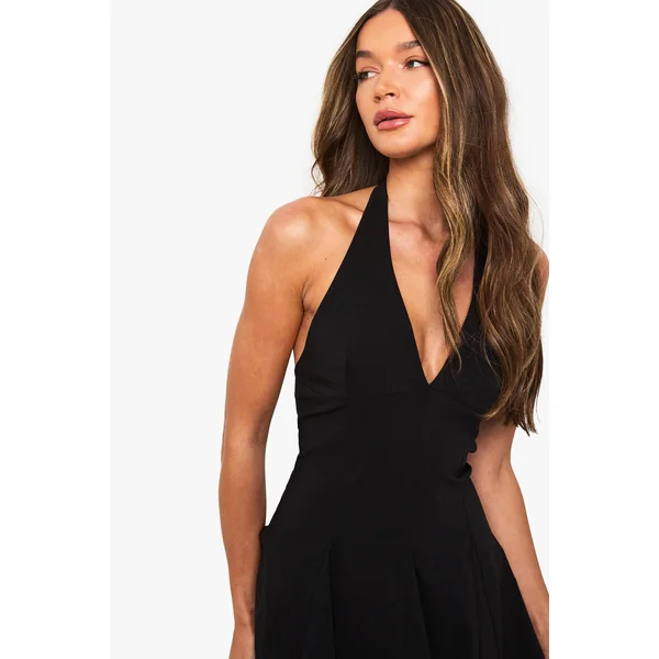 Robe skater plissée en bengaline à encolure halterneck