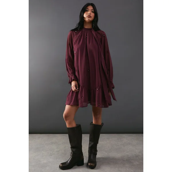 Robe Smock Mini Premium en Mousseline à Col Noué avec Ornements de Lunes Pailletées