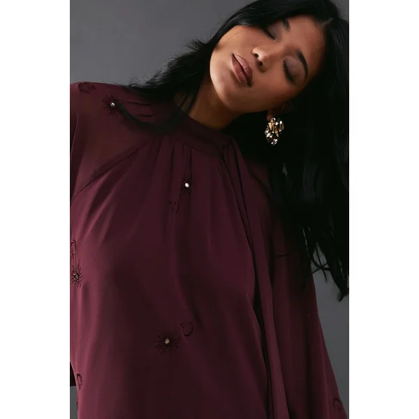 Robe Smock Mini Premium en Mousseline à Col Noué avec Ornements de Lunes Pailletées