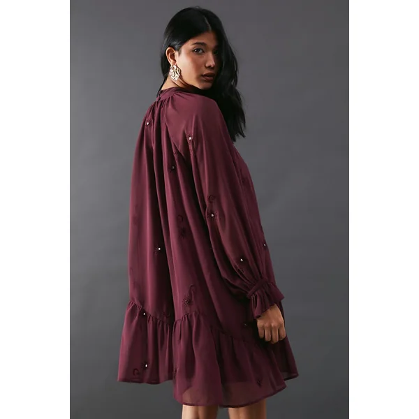 Robe Smock Mini Premium en Mousseline à Col Noué avec Ornements de Lunes Pailletées