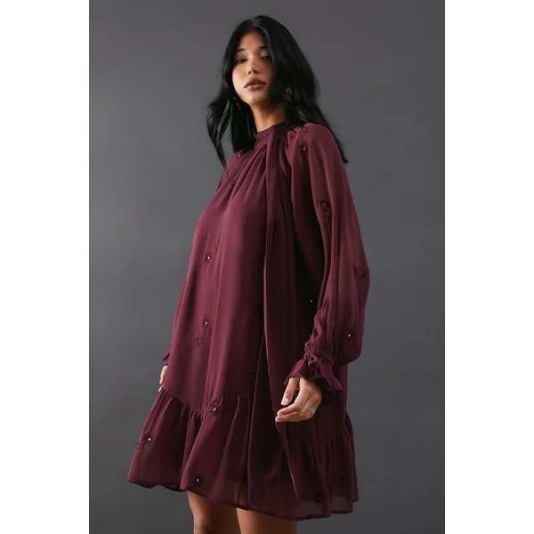 Robe Smock Mini Premium en Mousseline à Col Noué avec Ornements de Lunes Pailletées