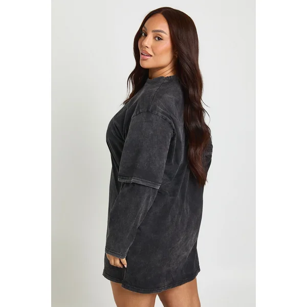 Robe T-Shirt Grande Taille Délavé Acide à Double Épaisseur