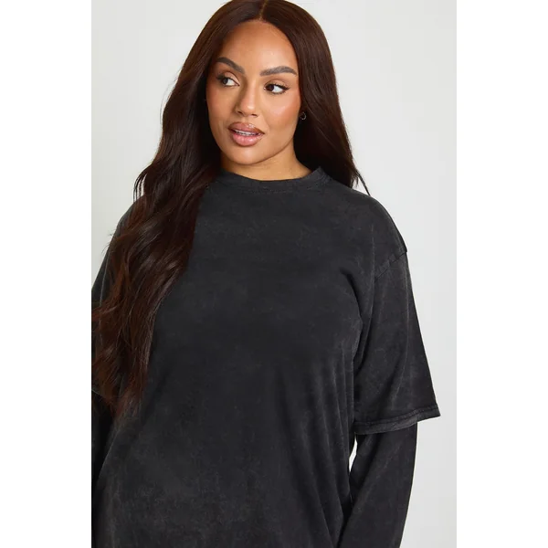 Robe T-Shirt Grande Taille Délavé Acide à Double Épaisseur