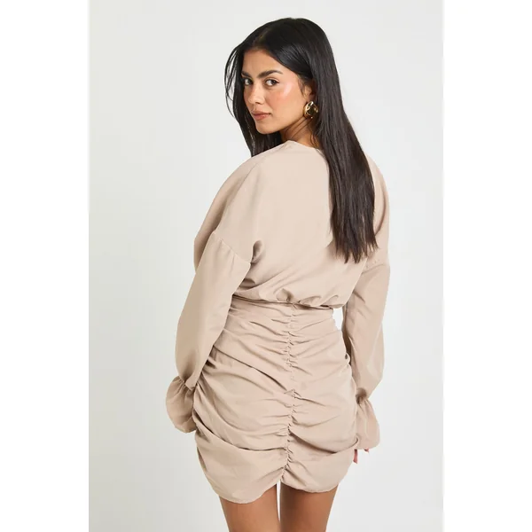 Robe-chemise portefeuille en coton à effet froncé