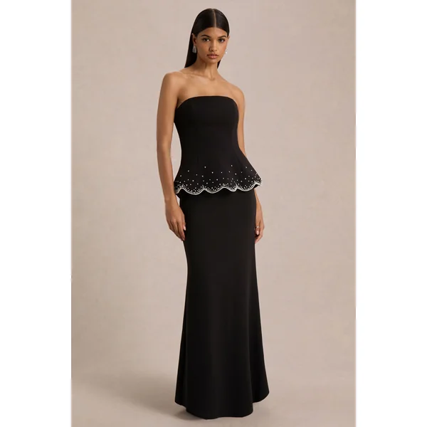 Robin | Robe Longue Noire à Corset Sans Bretelles Ornée de Strass
