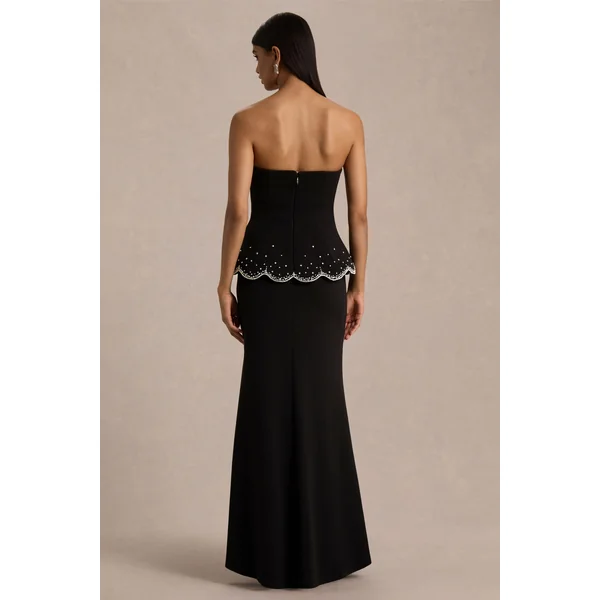 Robin | Robe Longue Noire à Corset Sans Bretelles Ornée de Strass