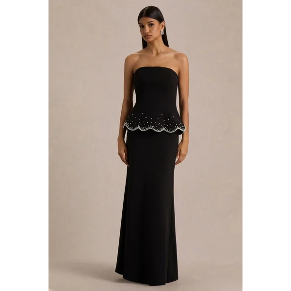 Robin | Robe Longue Noire à Corset Sans Bretelles Ornée de Strass