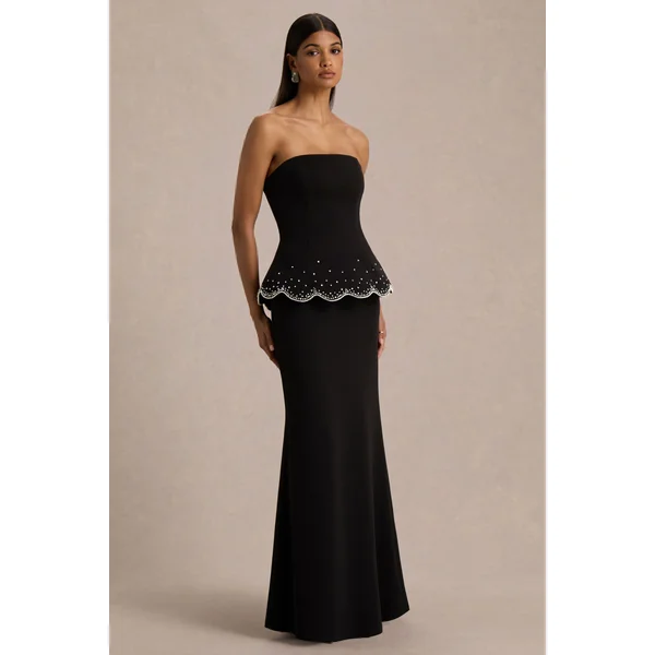 Robin | Robe Longue Noire à Corset Sans Bretelles Ornée de Strass