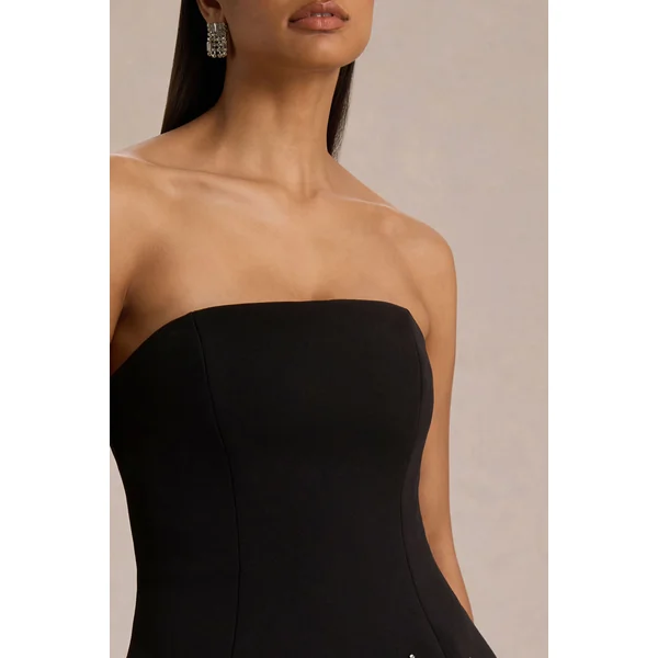 Robin | Robe Longue Noire à Corset Sans Bretelles Ornée de Strass