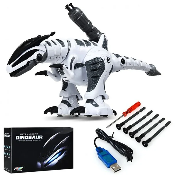 Robot Dinosaure Electrique avec 5 Missiles Sons Lumières Robot Télécommandé Batterie Lithium 3,7v 64x16x27cm Blanc