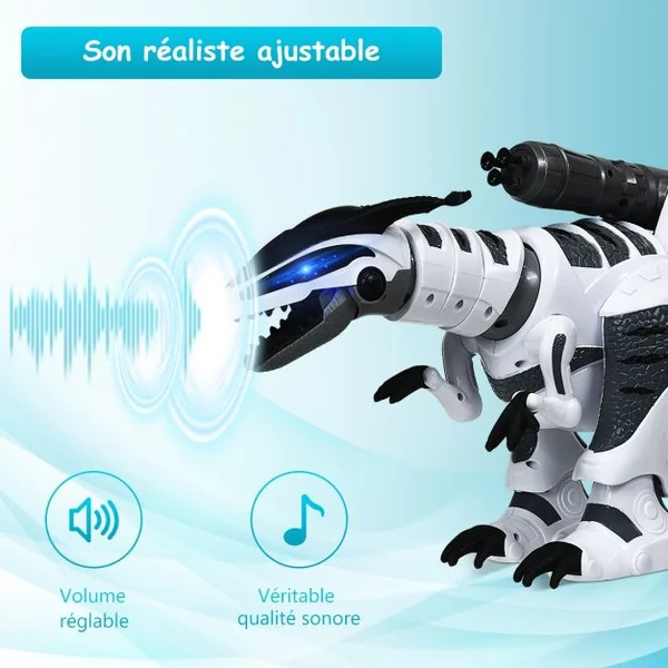 Robot Dinosaure Electrique avec 5 Missiles Sons Lumières Robot Télécommandé Batterie Lithium 3,7v 64x16x27cm Blanc
