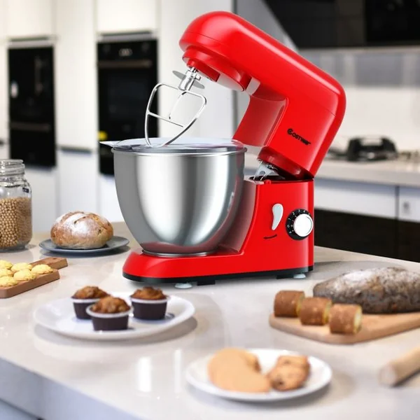 Robot Pâtissier 1300W Batteur Electrique avec Bol d'Acier Inox 4L à 6 Vitesses Réglables avec Batteur Fouet Crochet Rouge