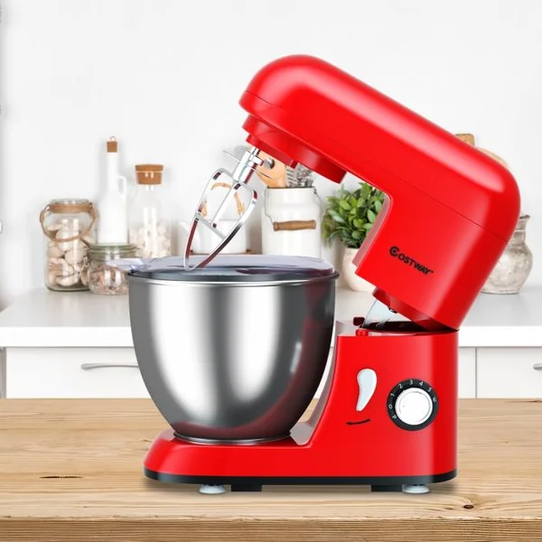 Robot Pâtissier 1300W Batteur Electrique avec Bol d'Acier Inox 4L à 6 Vitesses Réglables avec Batteur Fouet Crochet Rouge