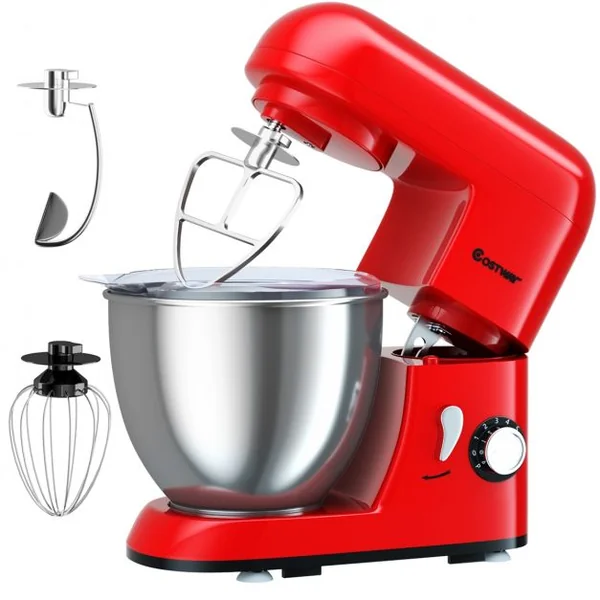 Robot Pâtissier 1300W Batteur Electrique avec Bol d'Acier Inox 4L à 6 Vitesses Réglables avec Batteur Fouet Crochet Rouge