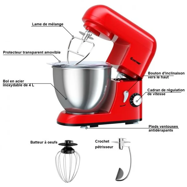 Robot Pâtissier 1300W Batteur Electrique avec Bol d'Acier Inox 4L à 6 Vitesses Réglables avec Batteur Fouet Crochet Rouge