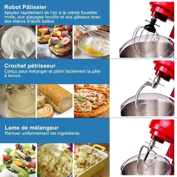 Robot Pâtissier 1300W Batteur Electrique avec Bol d'Acier Inox 4L à 6 Vitesses Réglables avec Batteur Fouet Crochet Rouge