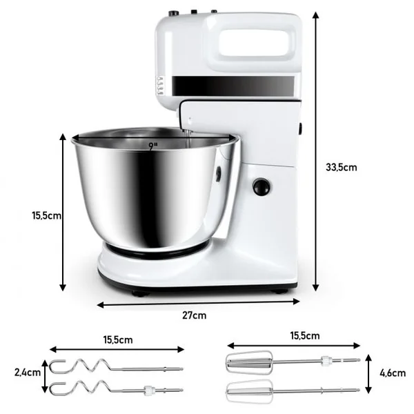 Robot Pâtissier Robot Cuisine Multifonction avec Pétrin Haut Puissance 5 Vitesses Bol 4l Accessoires 28x22x34cm Blanc