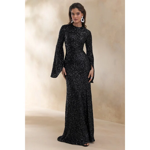 Romea | Robe longue noire en sequin à col montant et manches cape