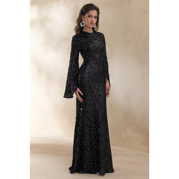 Romea | Robe longue noire en sequin à col montant et manches cape