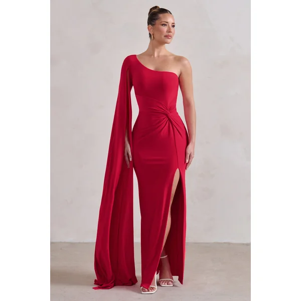 Romi | Robe longue asymétrique rouge à motif torsadé