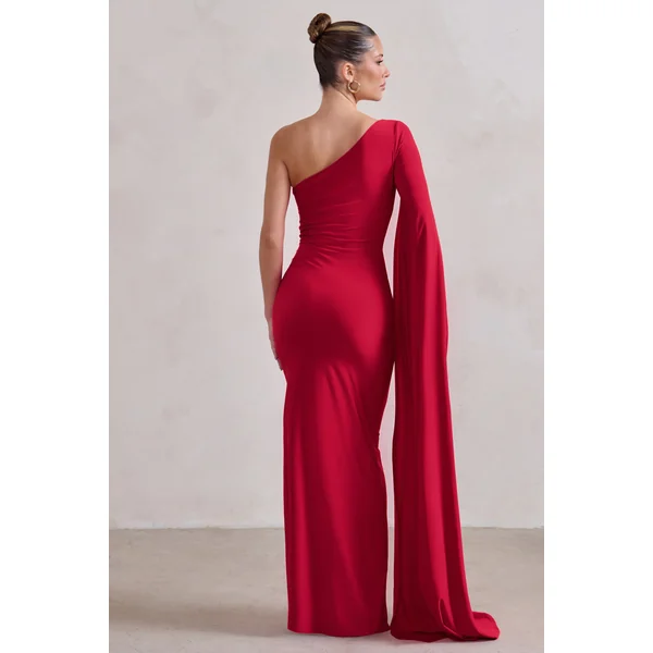 Romi | Robe longue asymétrique rouge à motif torsadé