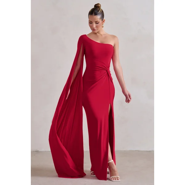 Romi | Robe longue asymétrique rouge à motif torsadé