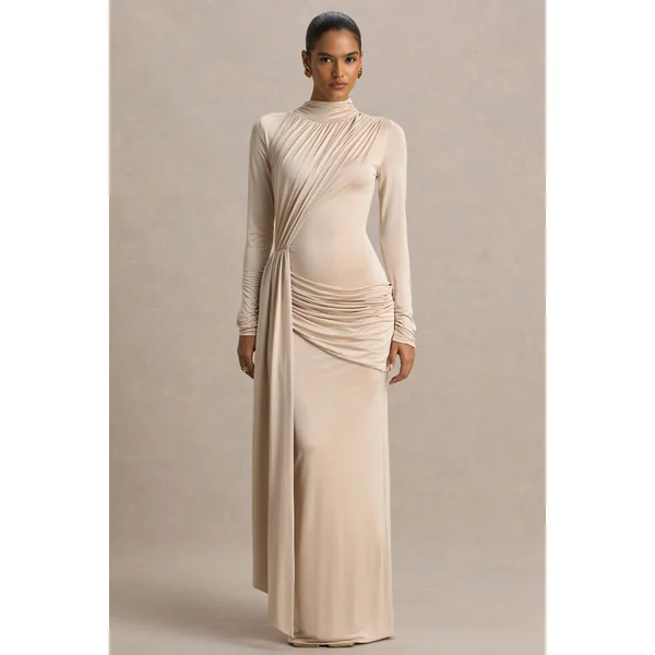 Romi | Robe longue champagne à encolure haute avec détails froncés