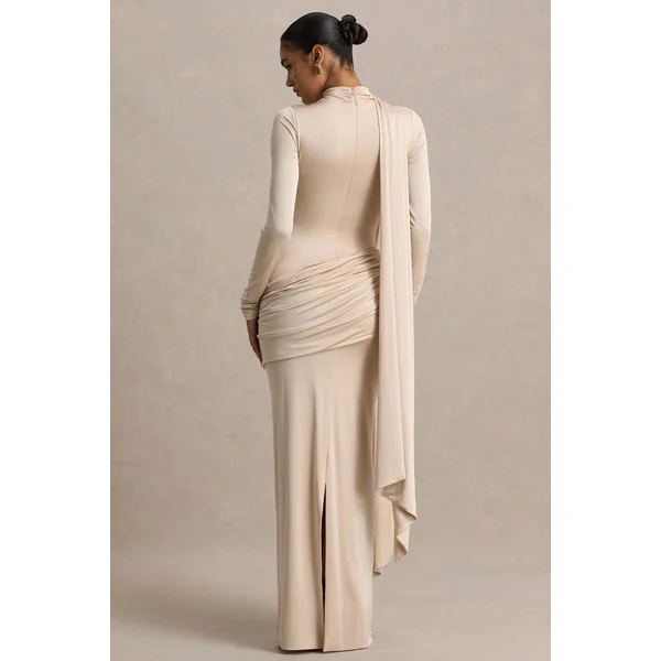 Romi | Robe longue champagne à encolure haute avec détails froncés