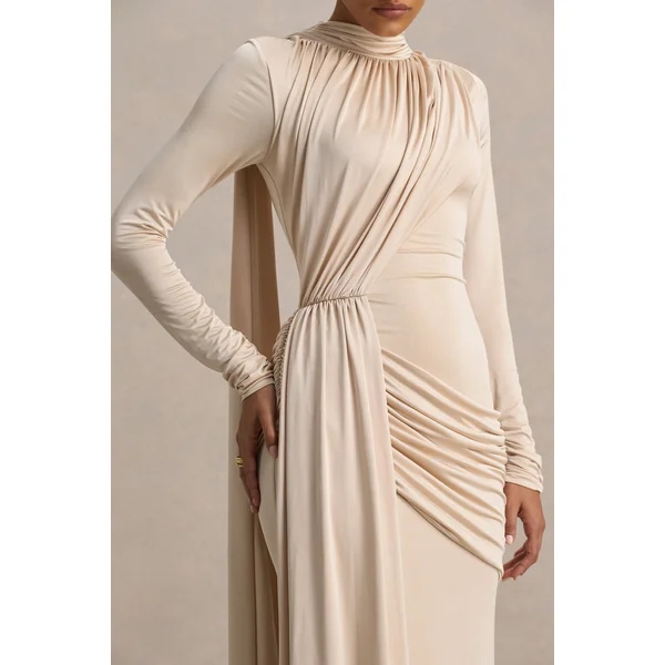 Romi | Robe longue champagne à encolure haute avec détails froncés