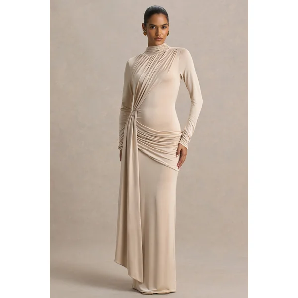 Romi | Robe longue champagne à encolure haute avec détails froncés
