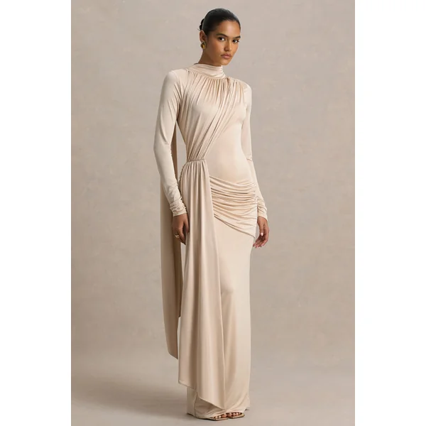 Romi | Robe longue champagne à encolure haute avec détails froncés