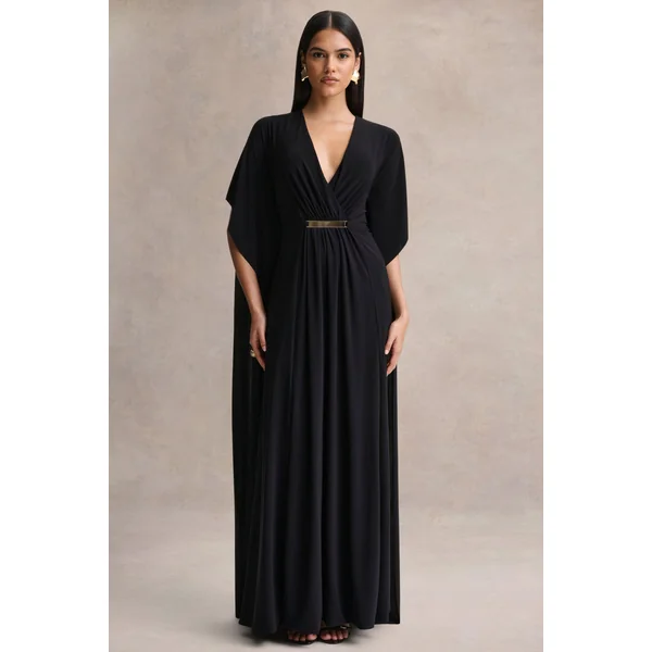 Romilly | Robe longue noire à décolleté plongeant avec détails froncés