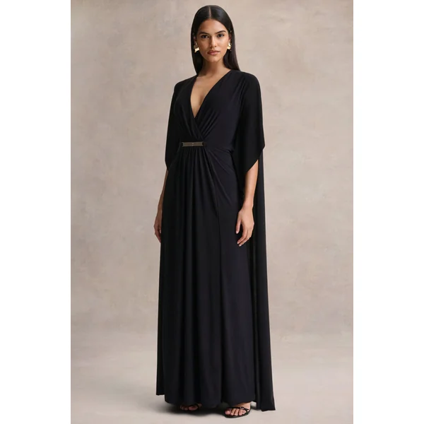 Romilly | Robe longue noire à décolleté plongeant avec détails froncés