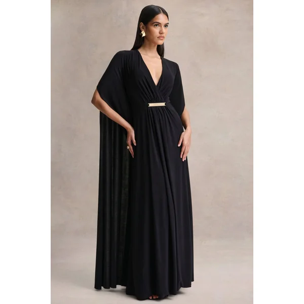 Romilly | Robe longue noire à décolleté plongeant avec détails froncés