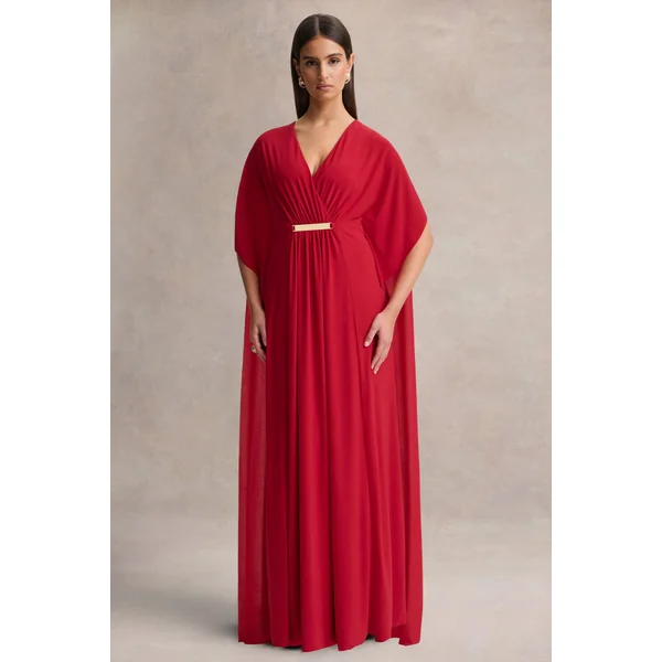 Romilly | Robe longue rouge à décolleté plongeant avec détails froncés