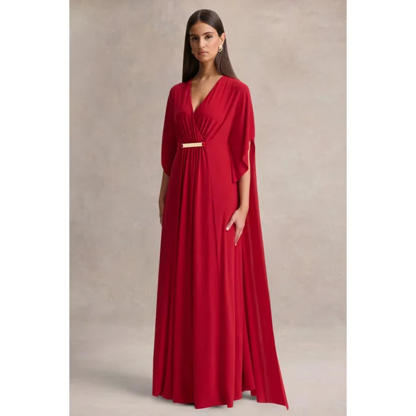Romilly | Robe longue rouge à décolleté plongeant avec détails froncés