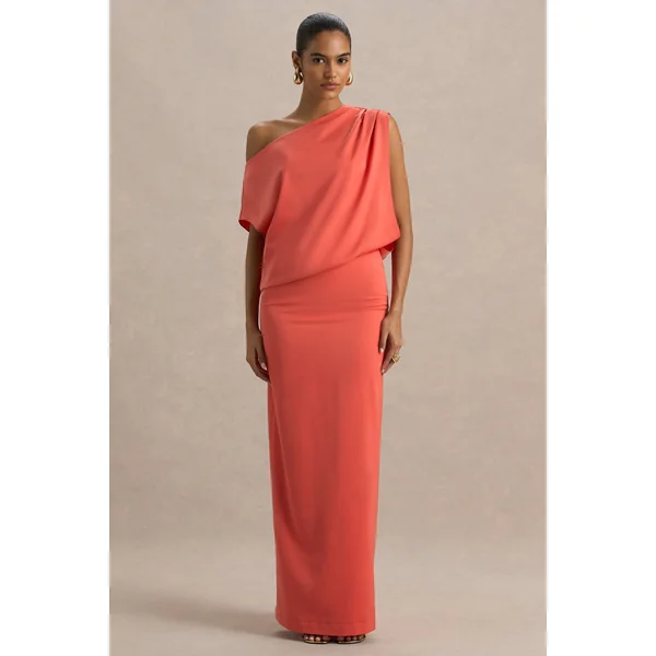 Ronnie | Robe longue corail en satin à encolure asymétrique et détail drapé
