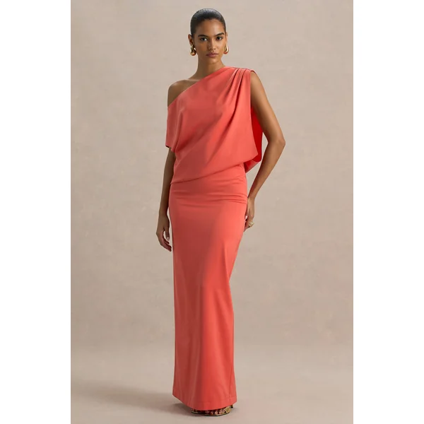 Ronnie | Robe longue corail en satin à encolure asymétrique et détail drapé