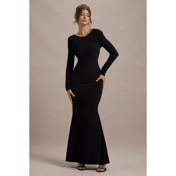 Rosalee | Robe longue noire à manches longues dos bénitier fente et nœuds