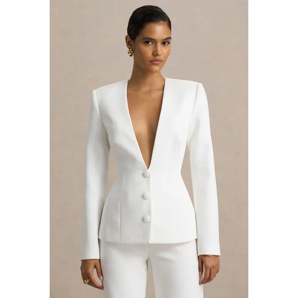 Rosalina | Blazer blanc à coupe tailleur et décolleté plongeant extrême