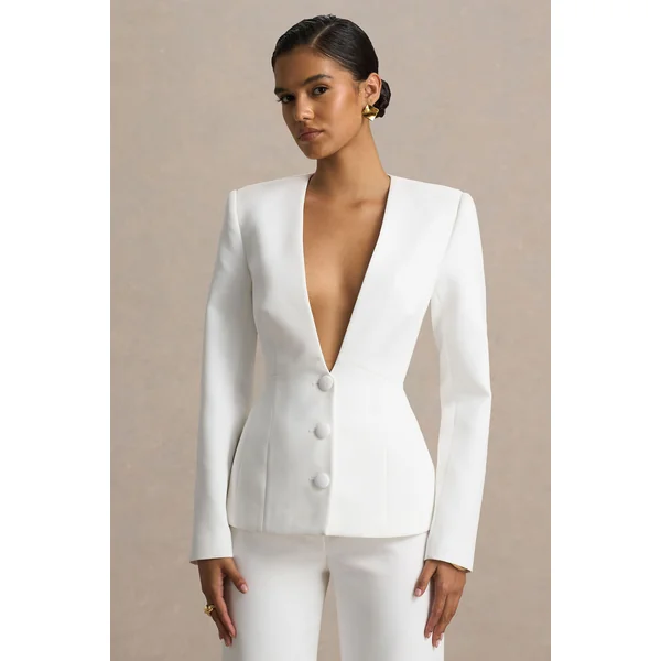 Rosalina | Blazer blanc à coupe tailleur et décolleté plongeant extrême