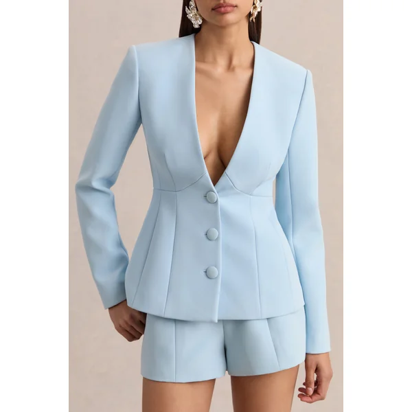 Rosalina | Blazer bleu clair à décolleté plongeant avec coupe tailleur