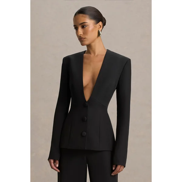 Rosalina | Blazer noir à coupe tailleur et décolleté plongeant extrême