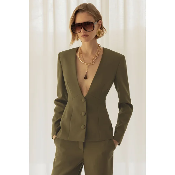 Rosalina | Blazer vert olive à coupe tailleur et décolleté plongeant extrême