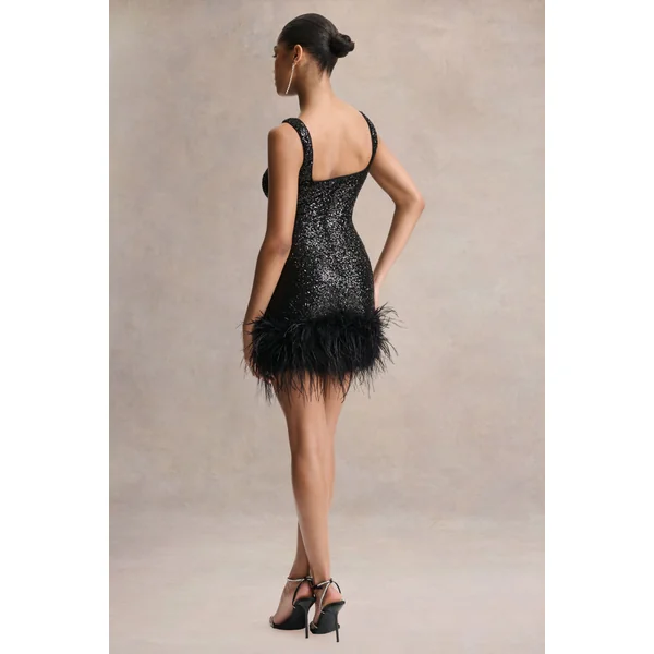 Rosalinda | Mini-robe noire à sequins col carré avec bordure en plumes