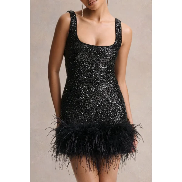 Rosalinda | Mini-robe noire à sequins col carré avec bordure en plumes