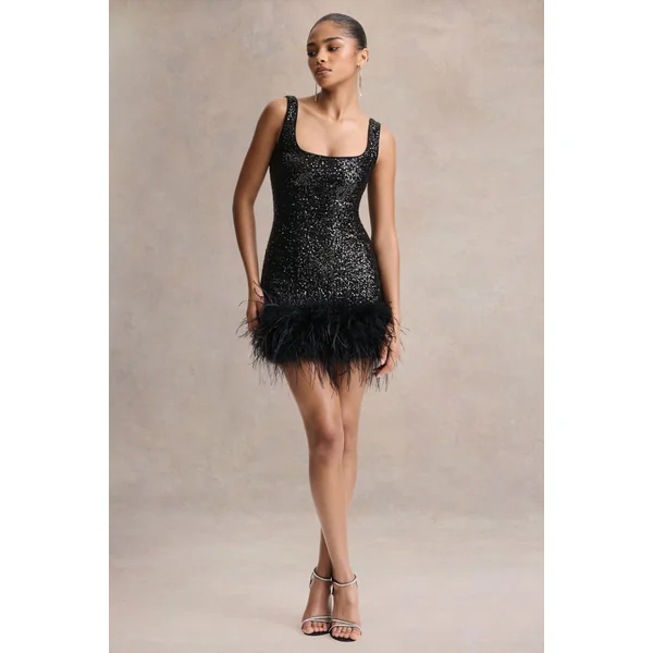 Rosalinda | Mini-robe noire à sequins col carré avec bordure en plumes