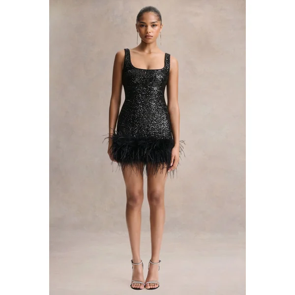 Rosalinda | Mini-robe noire à sequins col carré avec bordure en plumes
