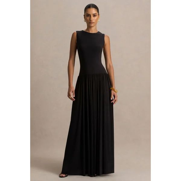 Rosalita | Robe longue noire à col rond avec taille basse et détails froncés